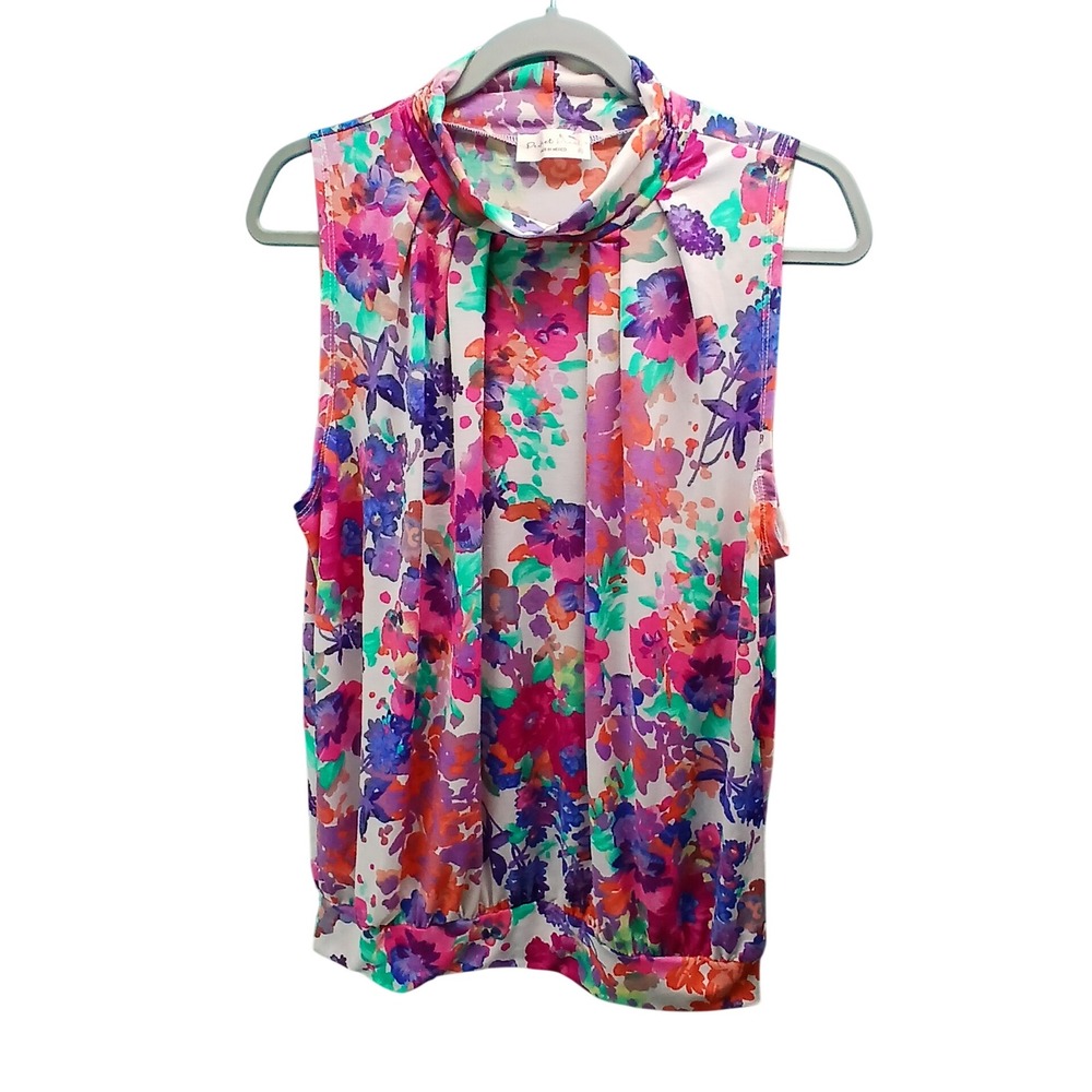 Perfect Peach Floral Mock Neck Blouse XL Multicolor Pleated Sleeveless Top Boho